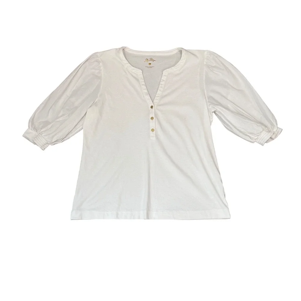 Lilly Pulitzer Womens White Puff Sleeve Henley Top Split Neck Gold Buttons L
